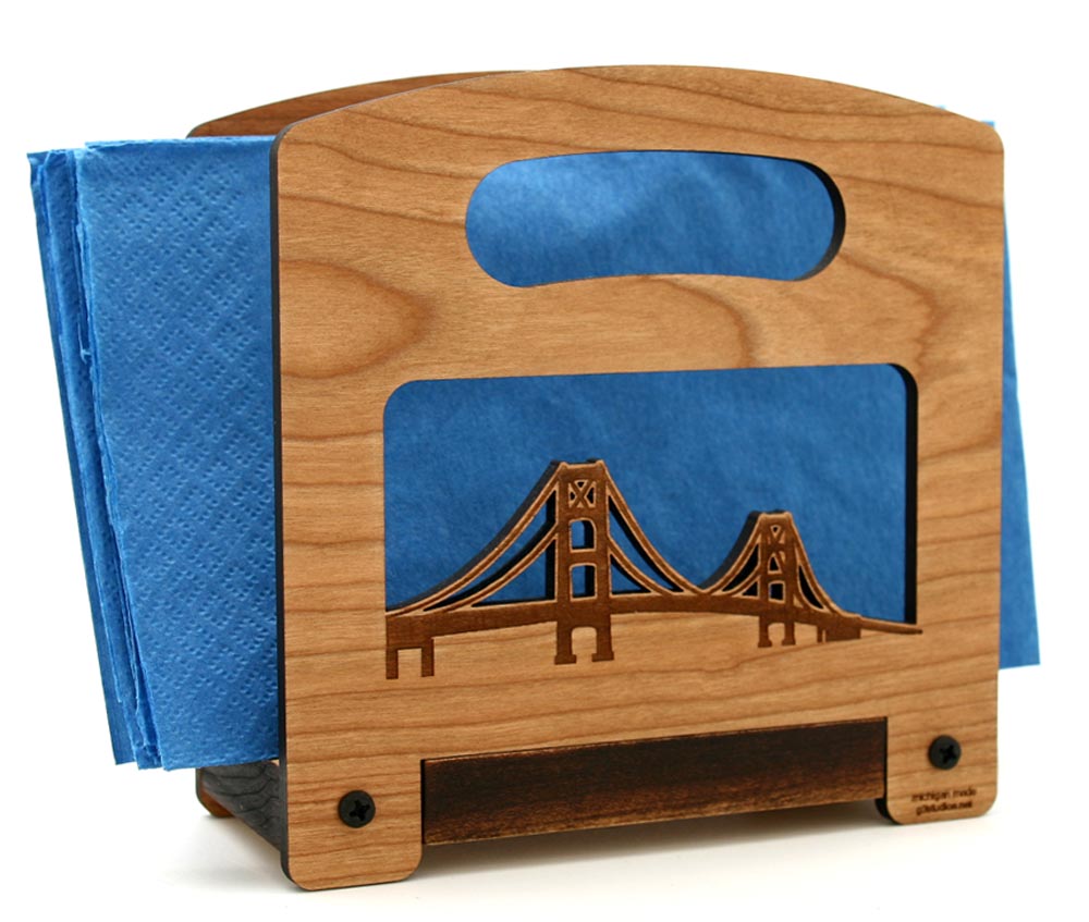 Mackinac Bridge Cherry Napkin Holder 5.75” – Iconic Michigan Landmark Crafted in Cherry Wood