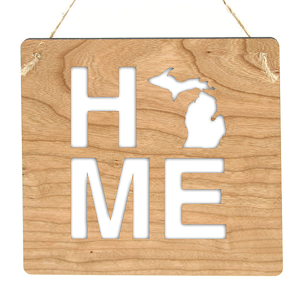 Home Michigan Cherry Wood Sign - 7.25" Square MI State Pride Decor - Handcrafted Wood Sign