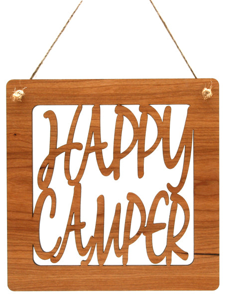Happy Camper Cut Out Cherry Wood Sign - 7.25" Camping RV Decor
