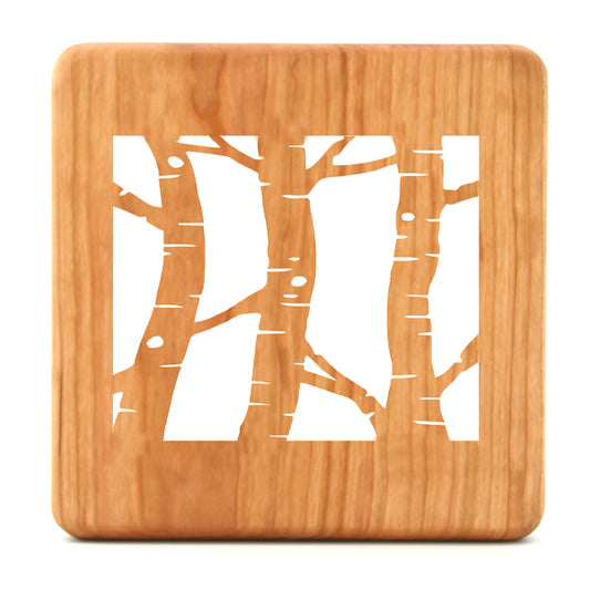 6" Square Birch Trees Cherry Wood Trivet – Handmade Rustic Kitchen Accent