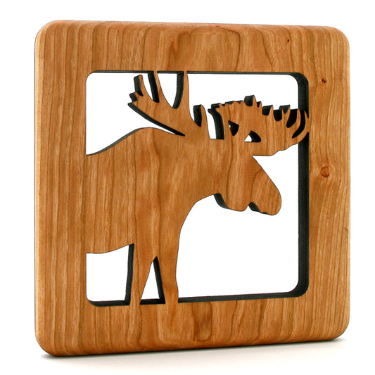 6" Square Moose Cherry Wood Trivet – Handcrafted Wildlife Kitchen Accent