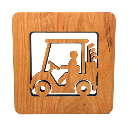 6" Square Golf Cart Guy Cherry Wood Trivet