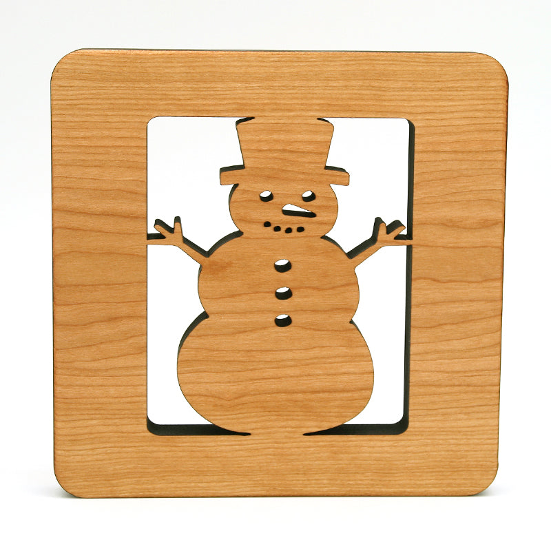 6" Square Snowman Cherry Wood Trivet – Handcrafted Winter Charm