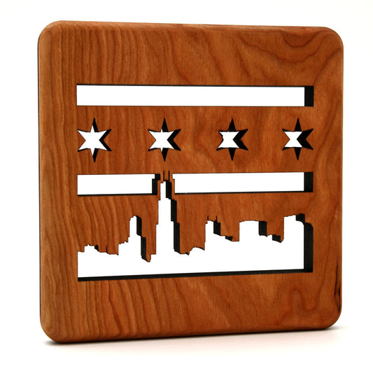 Chicago Skyline with Flag Wood Trivet
