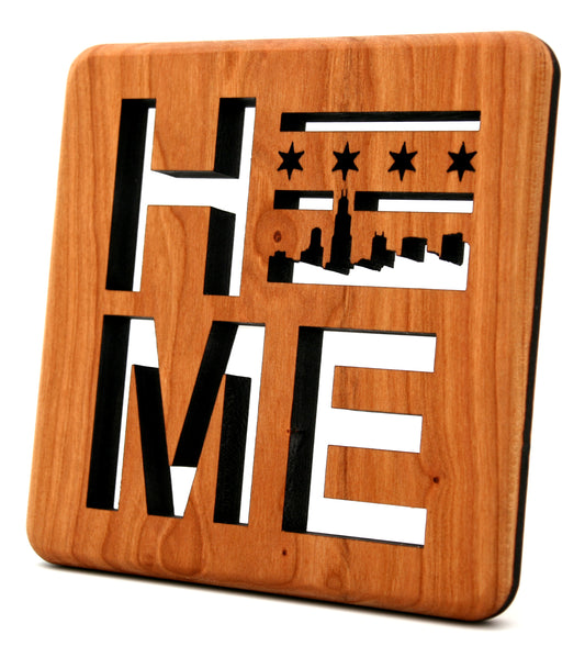6" Square Home Chicago Skyline with Flag Cherry Wood Trivet