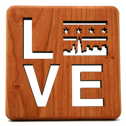 6" Square Love Chicago Skyline with Flag Cherry Wood Trivet