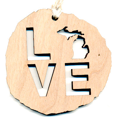 Love Michigan Cherry Wood Ornament 2.4" - Handcrafted State Heart Decoration