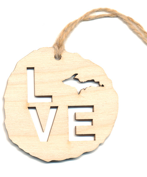 Love Upper Peninsula Wood Ornament 2.4" - Baltic Birch Yooper Heart Decor