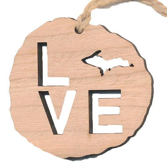 Love Upper Peninsula Cherry Wood Ornament 2.4" - Handcrafted Yooper Heart