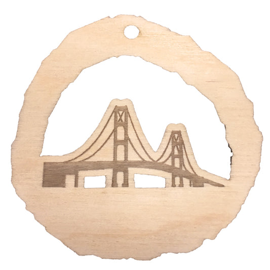 Mackinac Bridge Cherry Wood Ornament 2.4" - Handcrafted Mighty Mac Decoration