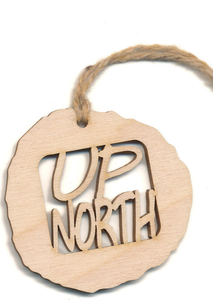 Up North Cherry Wood Ornament 2.4" - Handcrafted Michigan Cabin Holiday Decor