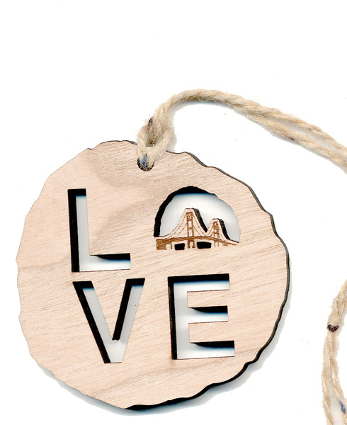 Wood Ornament - Mackinac Bridge Love - Cherry Log 2.4"