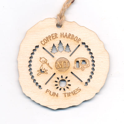 Wood Log Ornament - Fun Times Camping - Baltic Birch Log 2.4"