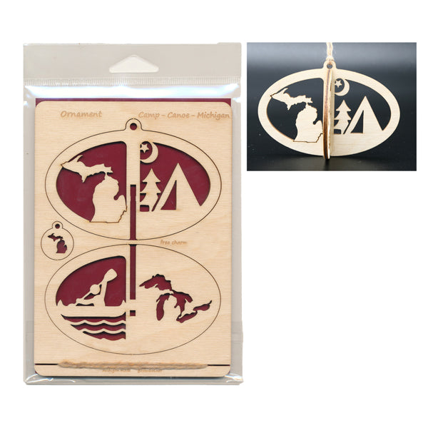 Wood Ornament Card - Camp Canoe MI - A1 Oval 3.5" x 4.75" - Baltic Birch