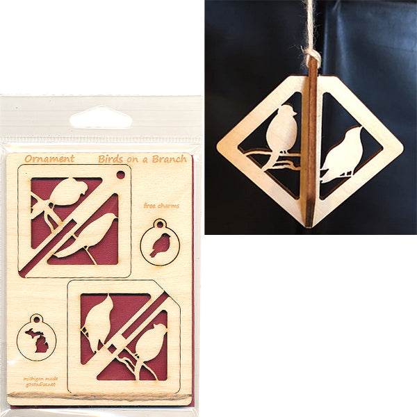 Wood Ornament Card - Birds on a Branch - A1 Diamond 3.5" x 4.75" - Baltic Birch