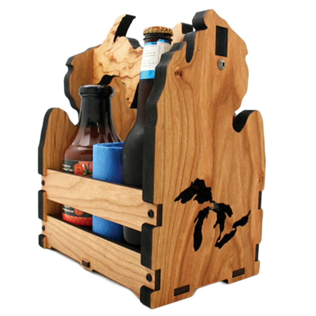 Michigan Themed Cherry Wood Table Caddy Great Lakes UP Handle