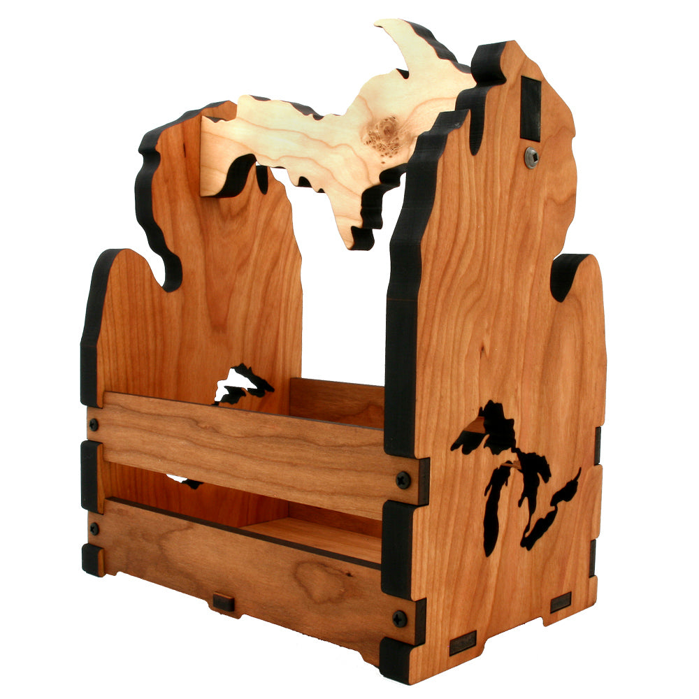 Michigan‑Themed Cherry Wood Table Caddy – Great Lakes UP Handle