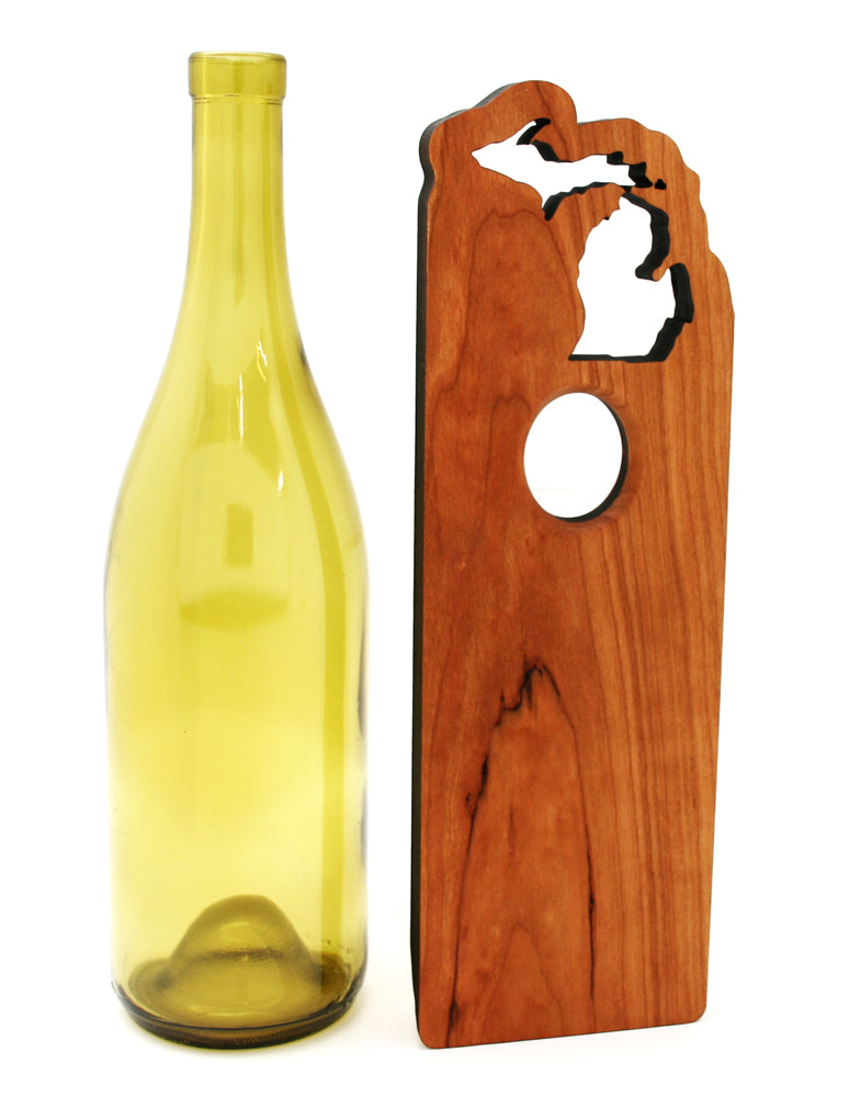 Wine Bottle Stand – 11.25" x 3.5" x .625" – Michigan Outline – Cherry – Decorative Bar Stand