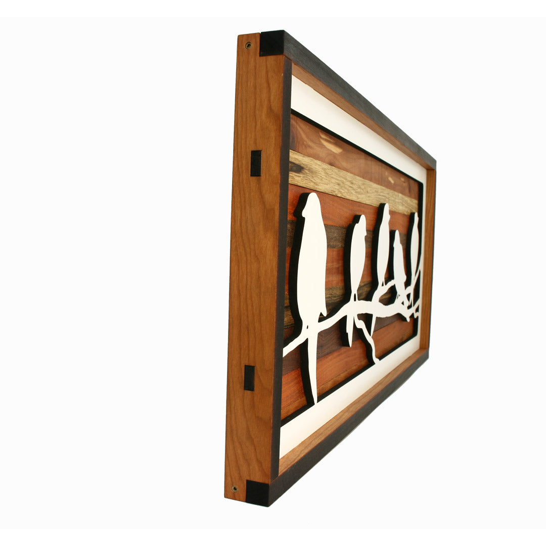 Handcrafted Wood Wall Art - Birds on Branch - Exotic Hardwood Cherry Frame 23.5" x 11.75"
