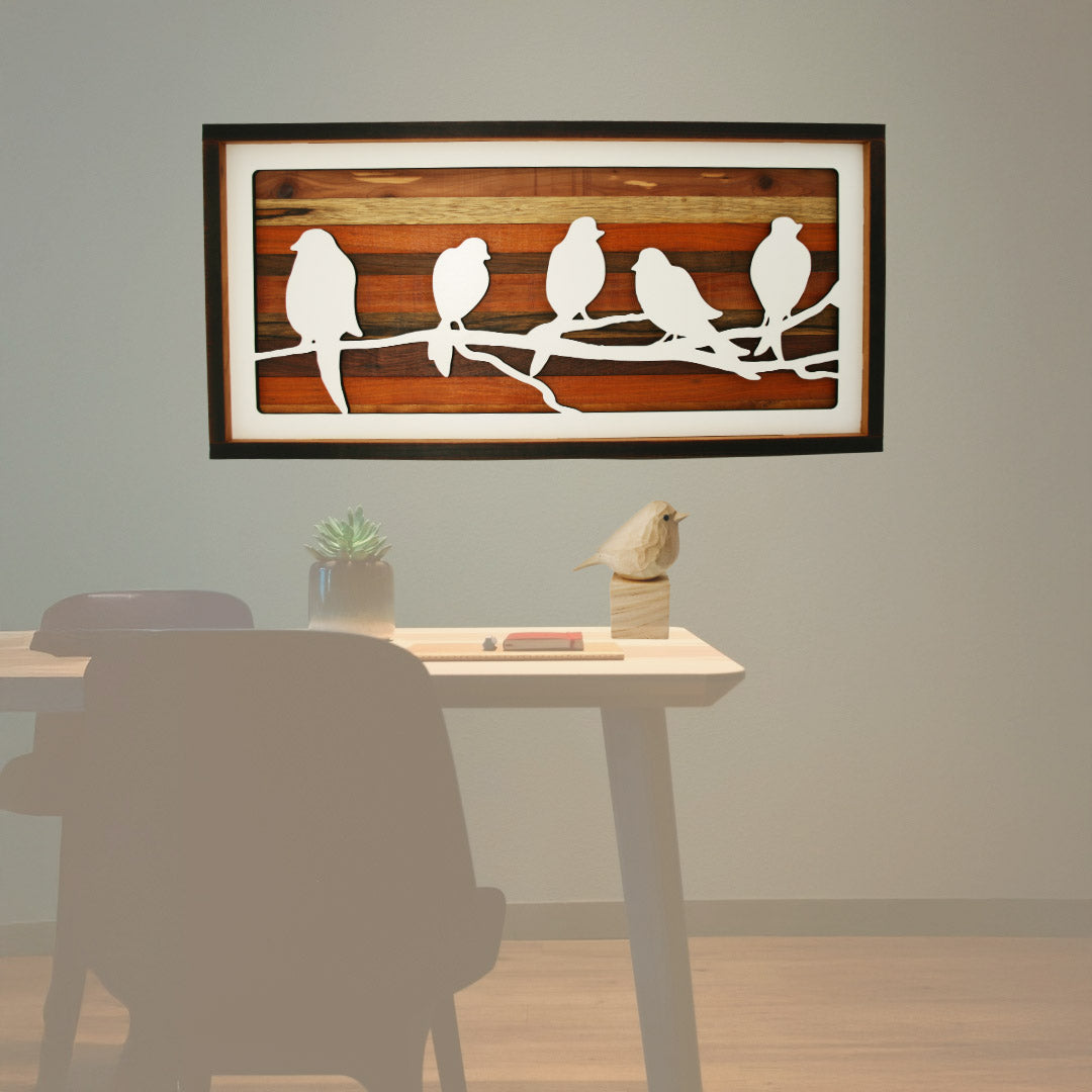 Handcrafted Wood Wall Art - Birds on Branch - Exotic Hardwood Cherry Frame 23.5" x 11.75"