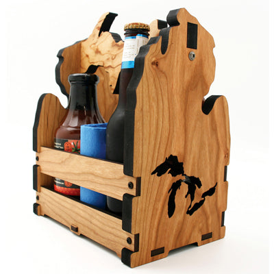 Michigan‑Themed Cherry Wood Table Caddy – Great Lakes UP Handle