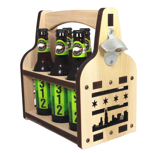 6-Pack Beer Caddy – Chicago Skyline with Flag – Poplar Wood