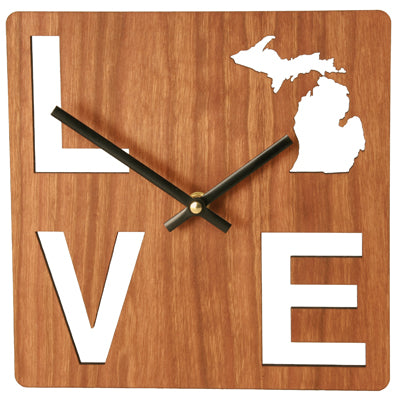 Cherry Wood MDF Love Michigan Small Kitchen Clock 7.25" Square