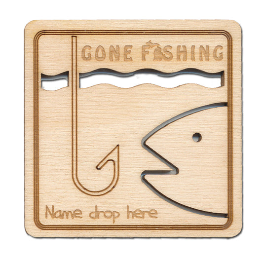 Gone Fishing Baltic Birch Square Magnet - 2" Classic Wood Decor