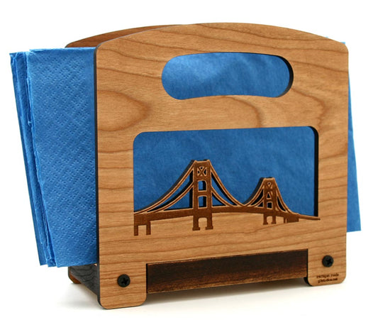 Mackinac Bridge Cherry Napkin Holder 5.75” – Iconic Michigan Landmark Crafted in Cherry Wood