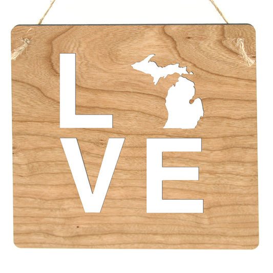 Square Love MI Small Cherry Wood Sign