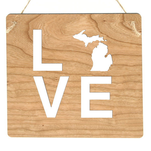 Love MI Small Cherry Wood Sign