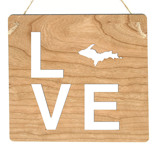Love Upper Peninsula Cherry Wood Sign - 7.25" UP Michigan Decor - Yooper Lover Sign