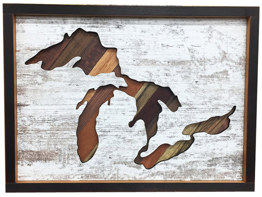 Great Lakes Cherry Wood Wall Art - 16x12" Large Lake Decor - Freshwater Map Wooden Art