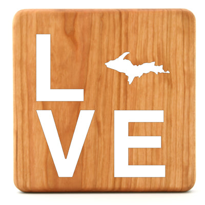 Love Michigan Cherry Wood Trivet – Upper Peninsula “O” Laser-Cut Design