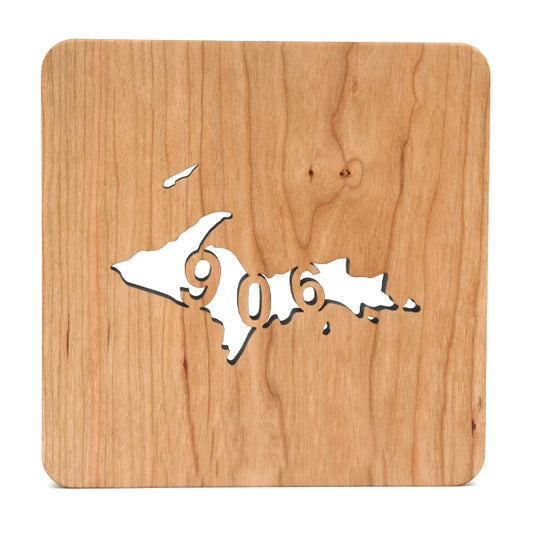 6" Square Upper Peninsula (UP 906) Cherry Wood Trivet – Handmade Michigan Kitchen Accent