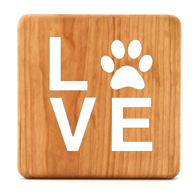 6" Square Love Paw Cherry Wood Trivet