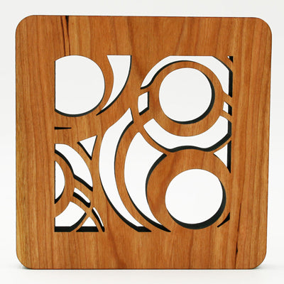 6" Square Geo Circles Cherry Wood Trivet – Modern Kitchen Accent