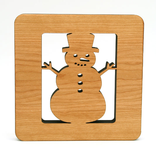6" Square Snowman Cherry Wood Trivet – Handcrafted Winter Charm