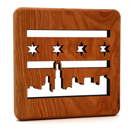 Chicago Skyline with Flag Wood Trivet