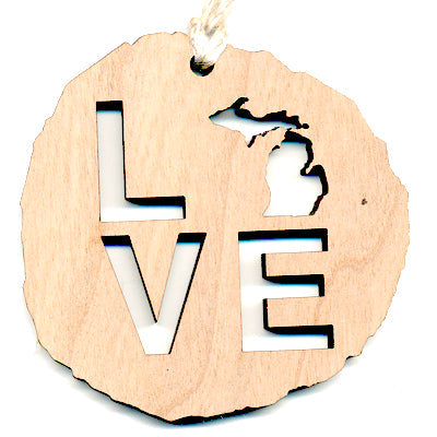 Love Michigan Cherry Wood Ornament