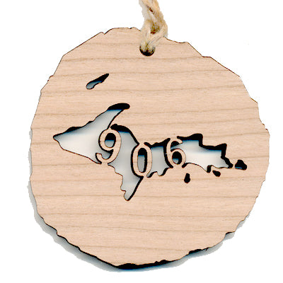 UP 906 Area Code Cherry Wood Ornament 2.4" - Handcrafted Yooper Holiday Decor