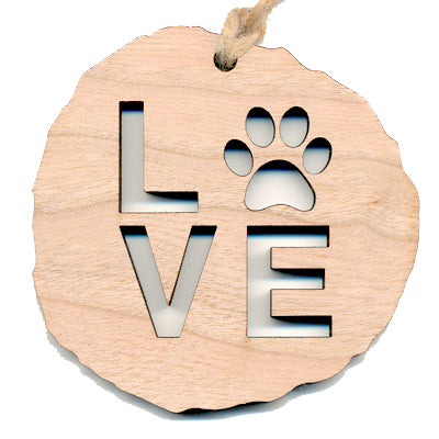 Love Paw Print Cherry Wood Ornament 2.4" - Handcrafted Pet Holiday Decoration