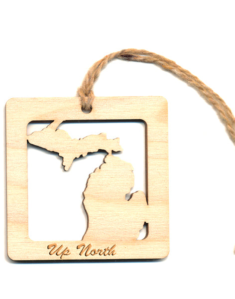 Wood Ornament - Michigan Cut Out - Baltic Birch Square 2.4"