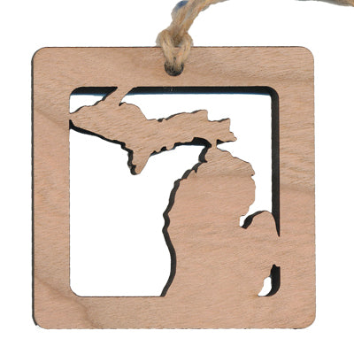 Wood Ornament - Michigan Cut Out - Cherry Square 2.4"