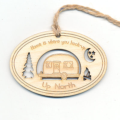 Wood Ornament - Home is Where You Hook Up - Baltic Birch Oval 2.4"