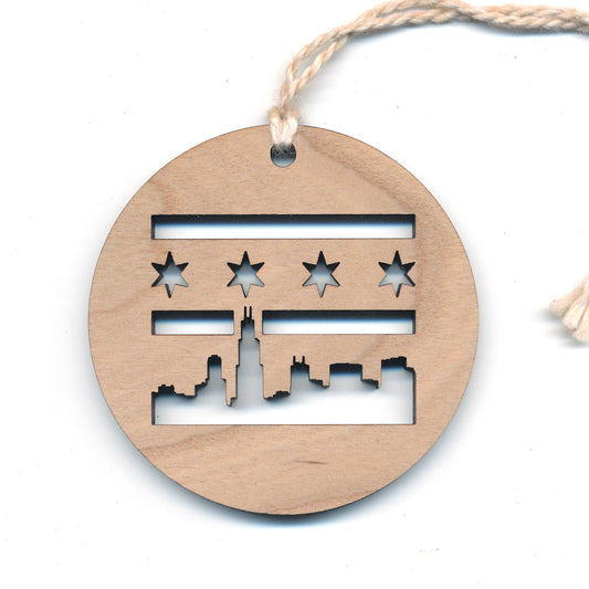 Wood Ornament - Chicago Skyline with Flag - Cherry Square 2.4"