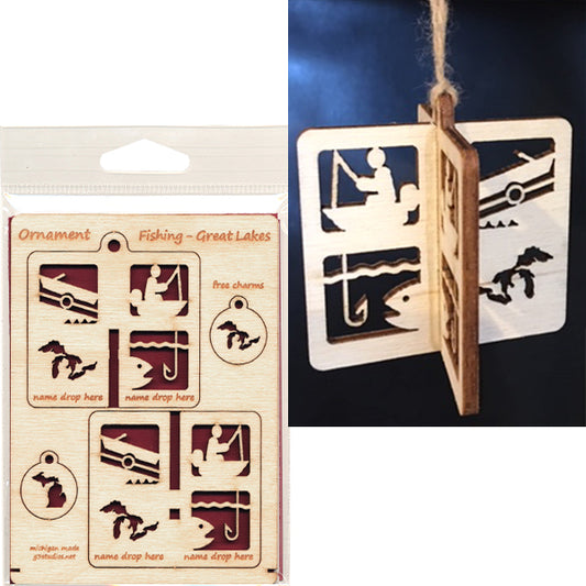 Wood Ornament Card - Fishing Great Lakes - A1 Square 3.5" x 4.75" - Baltic Birch