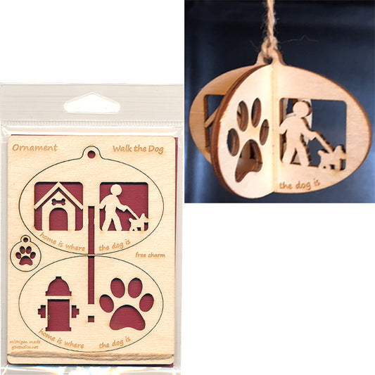 Wood Ornament Card - Walk the Dog - A1 Oval 3.5" x 4.75" - Baltic Birch