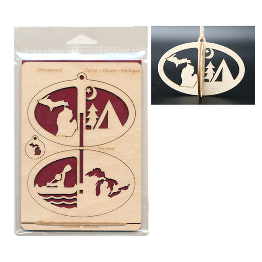 Wood Ornament Card - Camp Canoe MI - A1 Oval 3.5" x 4.75" - Baltic Birch
