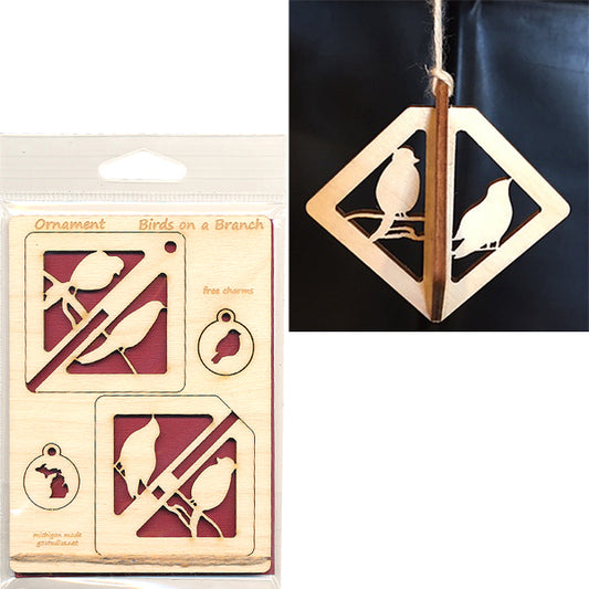 Wood Ornament Card - Birds on a Branch - A1 Diamond 3.5" x 4.75" - Baltic Birch